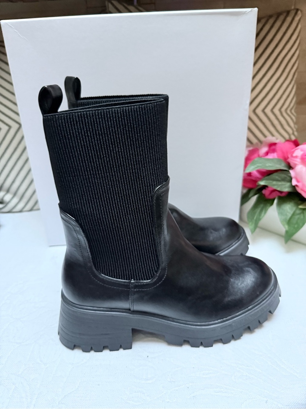 Rebecca Minkoff Black Ribbed Chelsea Lug Platform Boots